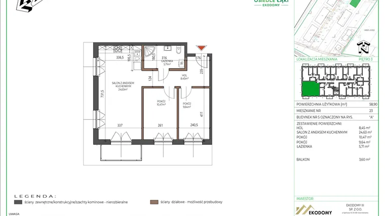 Rzut - Mieszkanie na sprzedaż 3 pokoje o powierzchni 58,9 m² - numer 23 w Osiedle Polna bud. 5