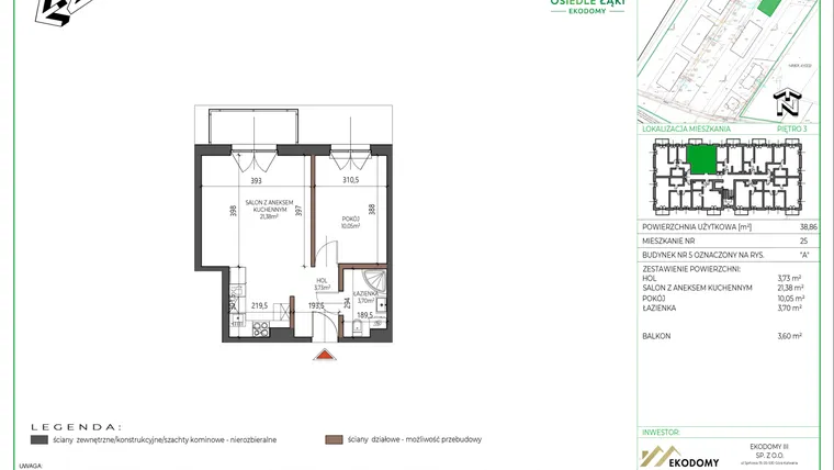Rzut - Mieszkanie na sprzedaż 2 pokoje o powierzchni 38,86 m² - numer 25 w Osiedle Polna bud. 5