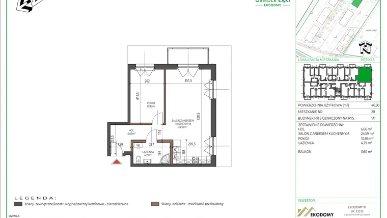 Rzut - Mieszkanie na sprzedaż 2 pokoje o powierzchni 46,9 m² - numer 28 w Osiedle Polna bud. 5