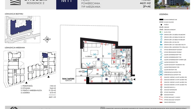 Rzut - Mieszkanie na sprzedaż 2 pokoje o powierzchni 44,01 m² - numer M11 w Chodźki Residence 2