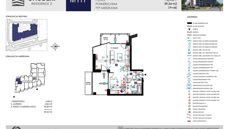 Rzut - Mieszkanie na sprzedaż 1 pokój o powierzchni 39,54 m² - numer M117 w Chodźki Residence 2