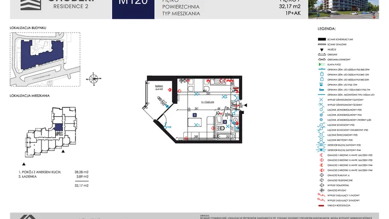 Rzut - Mieszkanie na sprzedaż 1 pokój o powierzchni 32,17 m² - numer M120 w Chodźki Residence 2