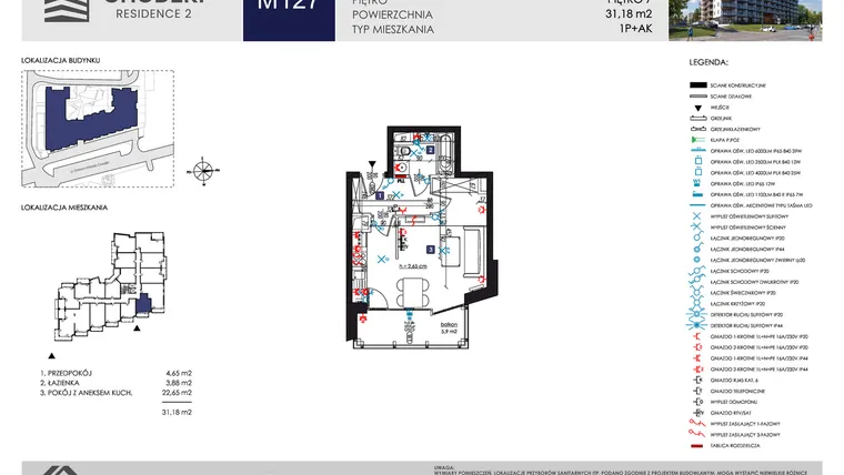 Rzut - Mieszkanie na sprzedaż 1 pokój o powierzchni 31,18 m² - numer M127 w Chodźki Residence 2