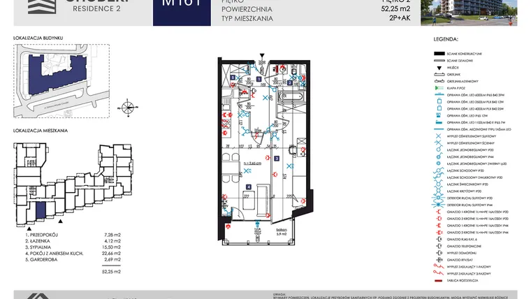 Rzut - Mieszkanie na sprzedaż 2 pokoje o powierzchni 52,25 m² - numer M161 w Chodźki Residence 2