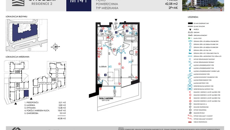 Rzut - Mieszkanie na sprzedaż 2 pokoje o powierzchni 42,08 m² - numer M141 w Chodźki Residence 2