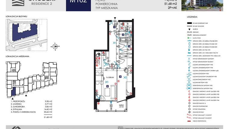 Rzut - Mieszkanie na sprzedaż 2 pokoje o powierzchni 51,68 m² - numer M162 w Chodźki Residence 2