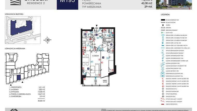 Rzut - Mieszkanie na sprzedaż 2 pokoje o powierzchni 42,08 m² - numer M193 w Chodźki Residence 2