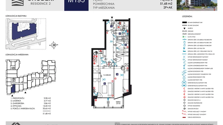 Rzut - Mieszkanie na sprzedaż 2 pokoje o powierzchni 51,68 m² - numer M195 w Chodźki Residence 2
