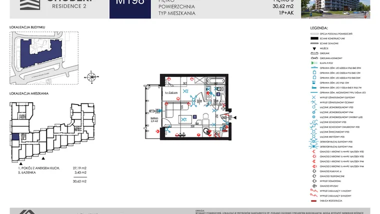 Rzut - Mieszkanie na sprzedaż 1 pokój o powierzchni 30,62 m² - numer M198 w Chodźki Residence 2