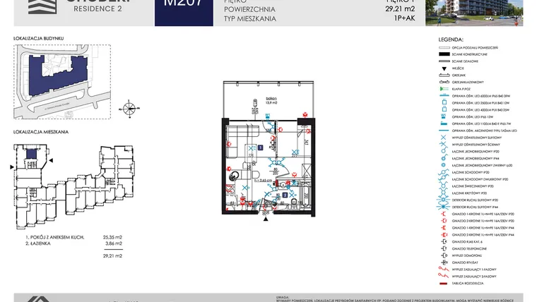 Rzut - Mieszkanie na sprzedaż 1 pokój o powierzchni 29,21 m² - numer M207 w Chodźki Residence 2