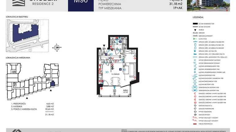 Rzut - Mieszkanie na sprzedaż 1 pokój o powierzchni 31,18 m² - numer M96 w Chodźki Residence 2