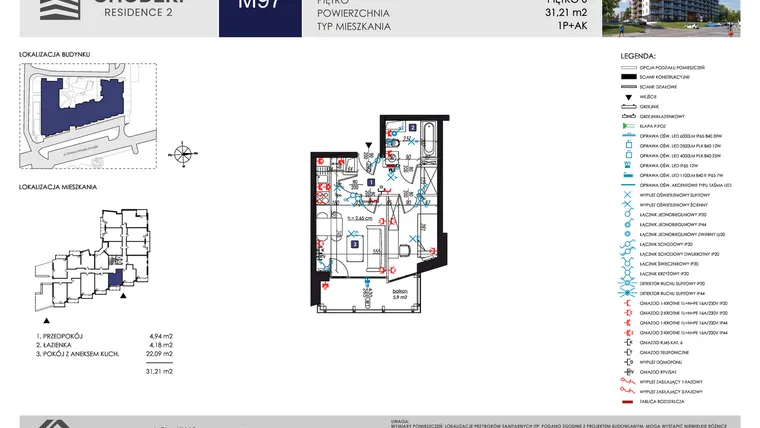 Rzut - Mieszkanie na sprzedaż 1 pokój o powierzchni 31,21 m² - numer M97 w Chodźki Residence 2
