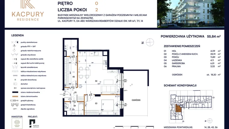 Rzut - Mieszkanie na sprzedaż 2 pokoje o powierzchni 55,84 m² - numer M01 w Kacpury Residence