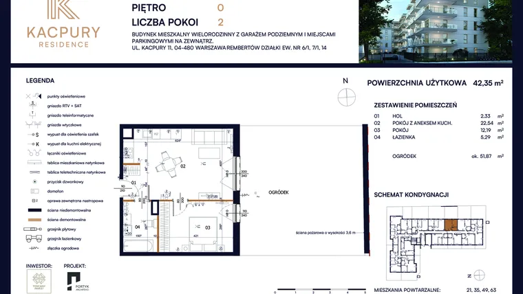 Rzut - Mieszkanie na sprzedaż 2 pokoje o powierzchni 42,35 m² - numer M08 w Kacpury Residence
