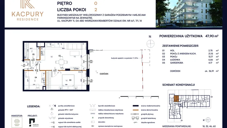 Rzut - Mieszkanie na sprzedaż 2 pokoje o powierzchni 47,9 m² - numer M05 w Kacpury Residence