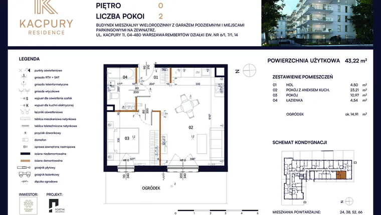 Rzut - Mieszkanie na sprzedaż 2 pokoje o powierzchni 43,22 m² - numer M11 w Kacpury Residence