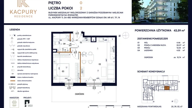 Rzut - Mieszkanie na sprzedaż 2 pokoje o powierzchni 43,59 m² - numer M12 w Kacpury Residence