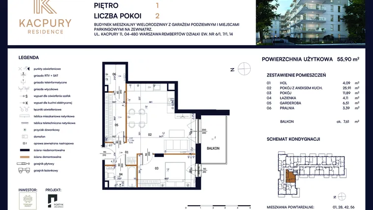 Rzut - Mieszkanie na sprzedaż 2 pokoje o powierzchni 55,9 m² - numer M14 w Kacpury Residence