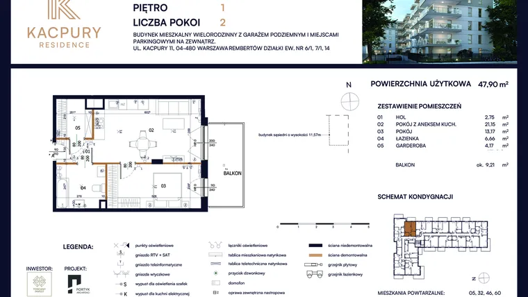Rzut - Mieszkanie na sprzedaż 2 pokoje o powierzchni 47,9 m² - numer M18 w Kacpury Residence