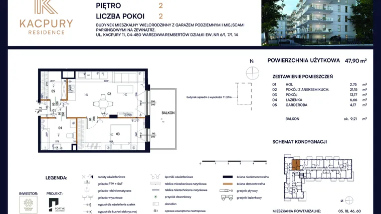 Rzut - Mieszkanie na sprzedaż 2 pokoje o powierzchni 47,9 m² - numer M32 w Kacpury Residence