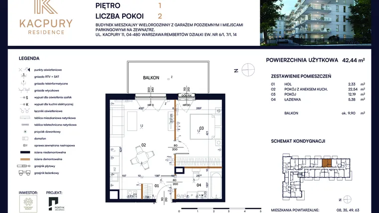 Rzut - Mieszkanie na sprzedaż 2 pokoje o powierzchni 42,44 m² - numer M21 w Kacpury Residence