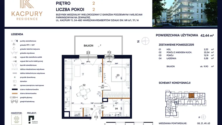 Rzut - Mieszkanie na sprzedaż 2 pokoje o powierzchni 42,44 m² - numer M35 w Kacpury Residence