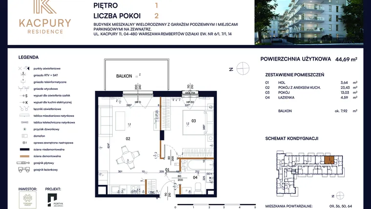 Rzut - Mieszkanie na sprzedaż 2 pokoje o powierzchni 44,69 m² - numer M22 w Kacpury Residence
