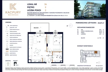 Rzut - Mieszkanie na sprzedaż 2 pokoje o powierzchni 44,69 m² - numer M36 w Kacpury Residence