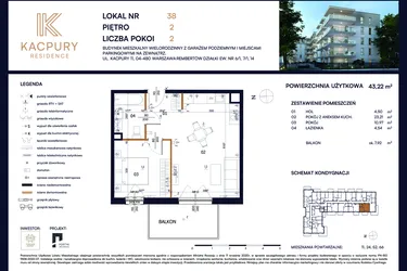 Rzut - Mieszkanie na sprzedaż 2 pokoje o powierzchni 43,22 m² - numer M38 w Kacpury Residence