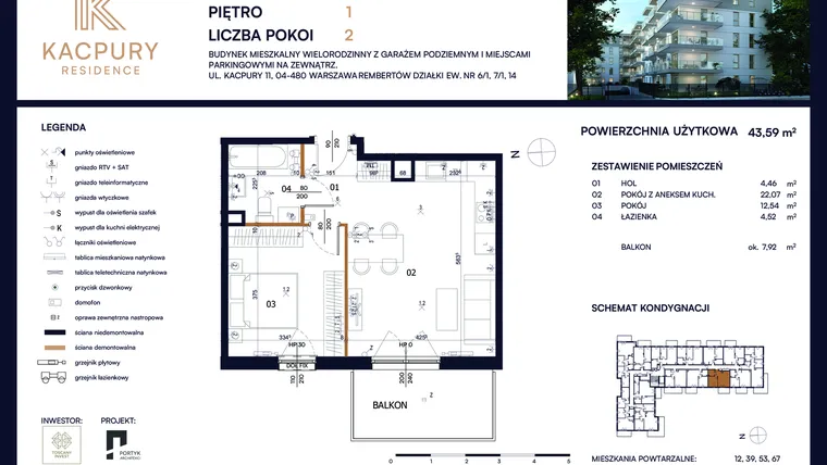 Rzut - Mieszkanie na sprzedaż 2 pokoje o powierzchni 43,59 m² - numer M25 w Kacpury Residence
