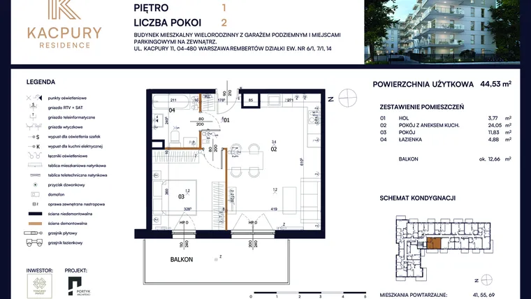 Rzut - Mieszkanie na sprzedaż 2 pokoje o powierzchni 44,53 m² - numer M27 w Kacpury Residence
