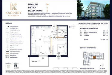Rzut - Mieszkanie na sprzedaż 2 pokoje o powierzchni 44,48 m² - numer M26 w Kacpury Residence