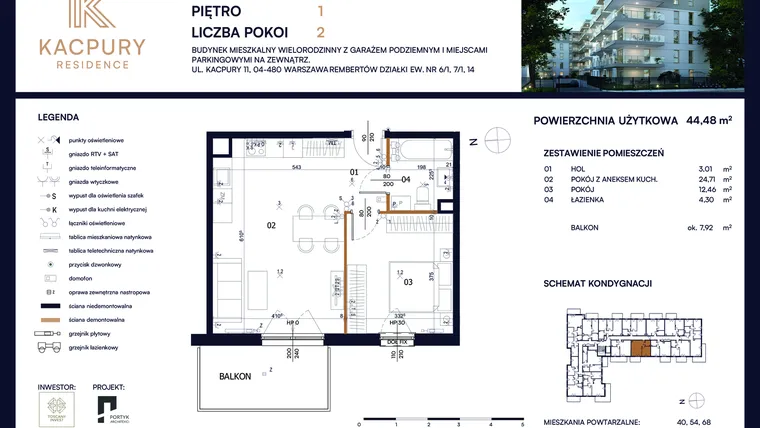 Rzut - Mieszkanie na sprzedaż 2 pokoje o powierzchni 44,48 m² - numer M26 w Kacpury Residence