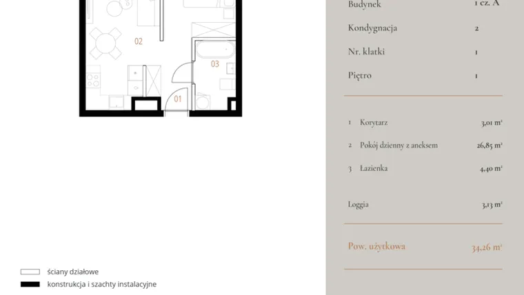 Rzut - Mieszkanie na sprzedaż 1 pokój o powierzchni 34,26 m² - numer M006 w MURANO