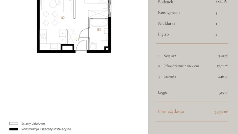Rzut - Mieszkanie na sprzedaż 1 pokój o powierzchni 34,5 m² - numer M013 w MURANO