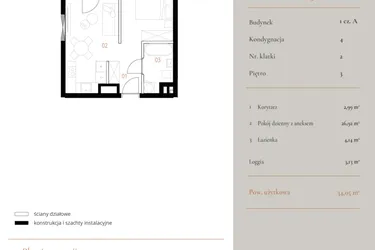 Rzut - Mieszkanie na sprzedaż 1 pokój o powierzchni 34,05 m² - numer M065 w MURANO