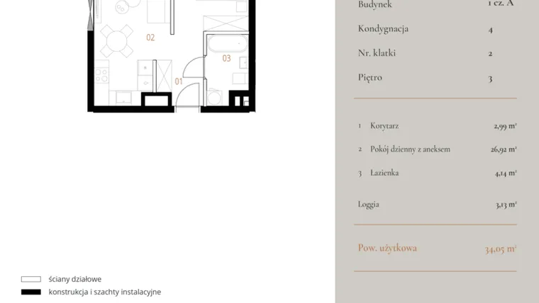 Rzut - Mieszkanie na sprzedaż 1 pokój o powierzchni 34,05 m² - numer M065 w MURANO