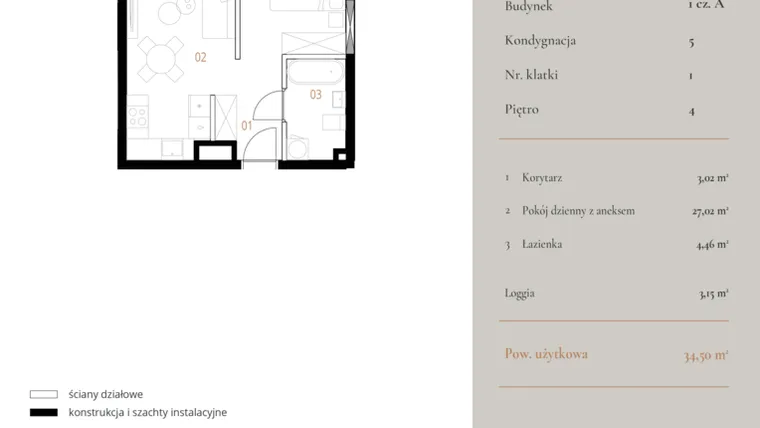 Rzut - Mieszkanie na sprzedaż 1 pokój o powierzchni 34,5 m² - numer M027 w MURANO