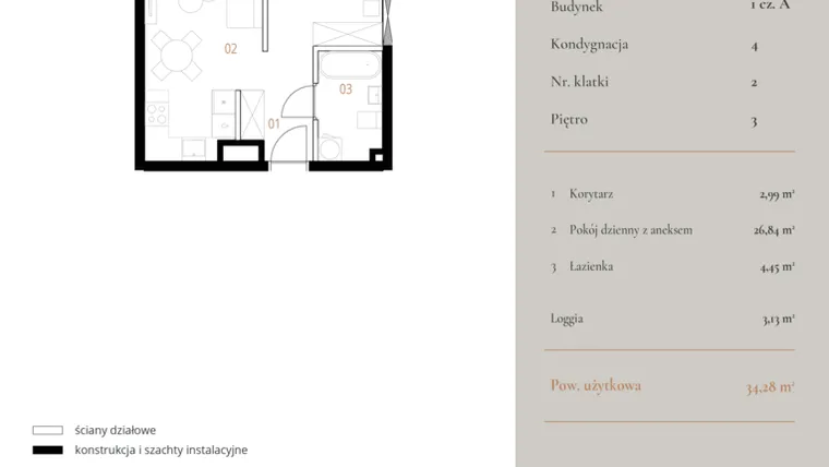 Rzut - Mieszkanie na sprzedaż 1 pokój o powierzchni 34,28 m² - numer M064 w MURANO