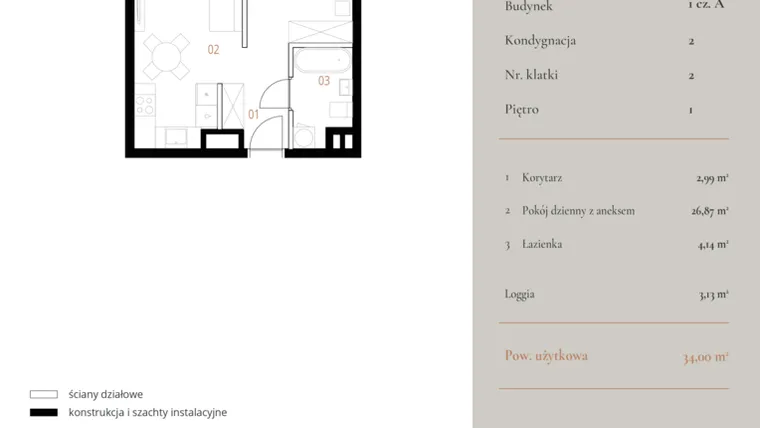 Rzut - Mieszkanie na sprzedaż 1 pokój o powierzchni 34 m² - numer M049 w MURANO