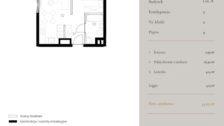 Rzut - Mieszkanie na sprzedaż 1 pokój o powierzchni 34,05 m² - numer M073 w MURANO