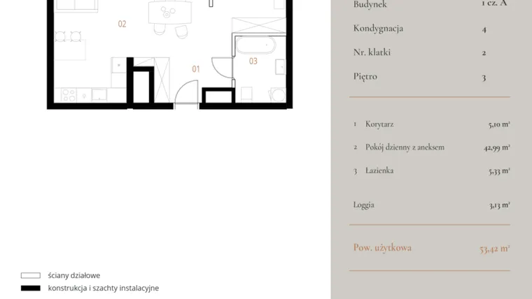 Rzut - Mieszkanie na sprzedaż 1 pokój o powierzchni 53,42 m² - numer M063 w MURANO