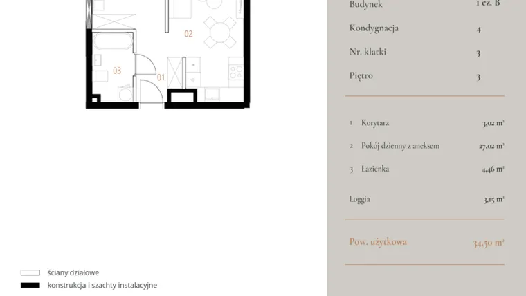 Rzut - Mieszkanie na sprzedaż 1 pokój o powierzchni 34,5 m² - numer M115 w MURANO