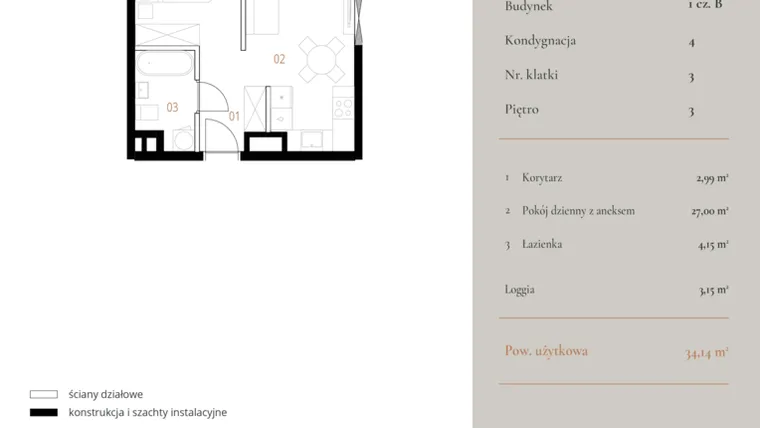 Rzut - Mieszkanie na sprzedaż 1 pokój o powierzchni 34,14 m² - numer M114 w MURANO
