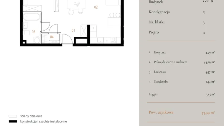 Rzut - Mieszkanie na sprzedaż 1 pokój o powierzchni 53,99 m² - numer M124 w MURANO