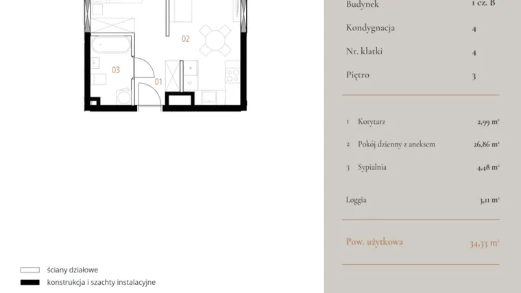 Rzut - Mieszkanie na sprzedaż 1 pokój o powierzchni 34,33 m² - numer M164 w MURANO