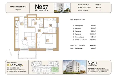 Rzut - Mieszkanie na sprzedaż 3 pokoje o powierzchni 49,95 m² - numer M-03 w Gromadzka 57