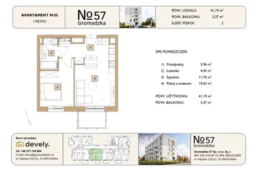 Rzut - Mieszkanie na sprzedaż 2 pokoje o powierzchni 41,19 m² - numer M-05 w Gromadzka 57