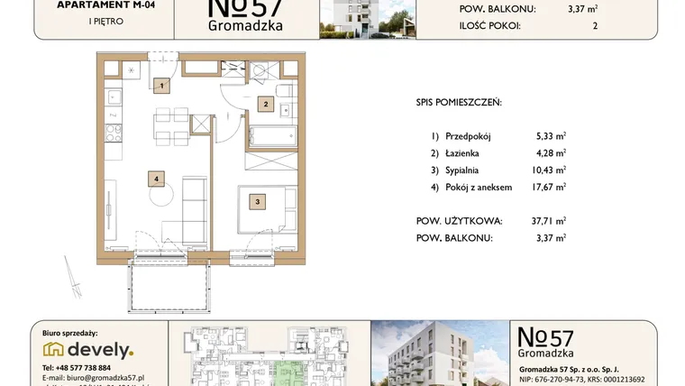 Rzut - Mieszkanie na sprzedaż 2 pokoje o powierzchni 37,71 m² - numer M-04 w Gromadzka 57