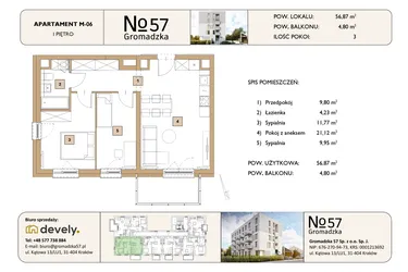 Rzut - Mieszkanie na sprzedaż 3 pokoje o powierzchni 56,87 m² - numer M-06 w Gromadzka 57